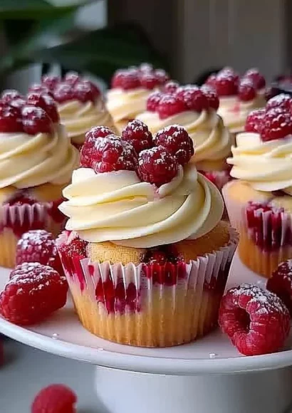 Almond wedding cake cupcakes with raspberry filling for a wedding celebration