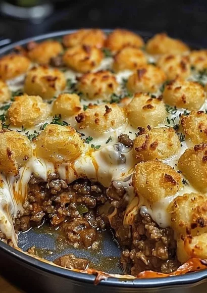 Delicious Angel Beef Casserole topped with cheese and herbs, perfect for hearty meals.