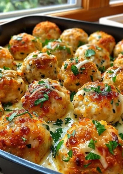 Baked chicken ricotta meatballs served with marinara sauce and herbs