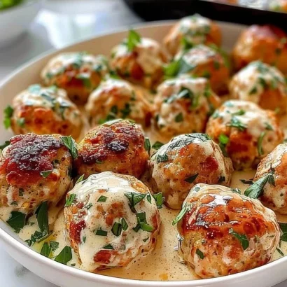 Baked Chicken Ricotta Meatballs served with marinara sauce and herbs.