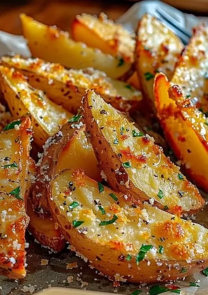 Baked garlic parmesan potato wedges served on a plate garnished with herbs