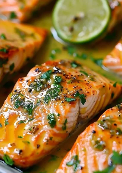 Baked honey lime garlic butter salmon served on a plate with fresh herbs.