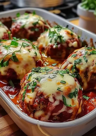 Delicious baked mozzarella stuffed meatballs served with marinara sauce