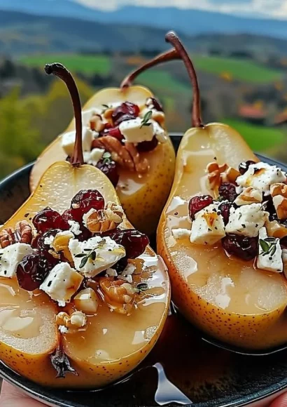 Delicious baked pears with feta cheese, honey, and cranberries on a plate