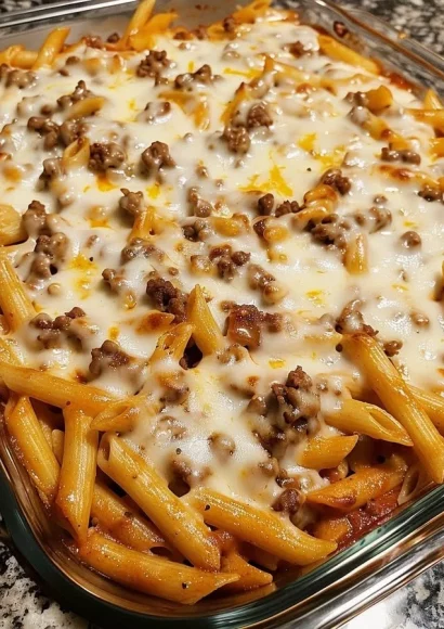 Delicious baked penne with beef and cheese topped with melted cheese.