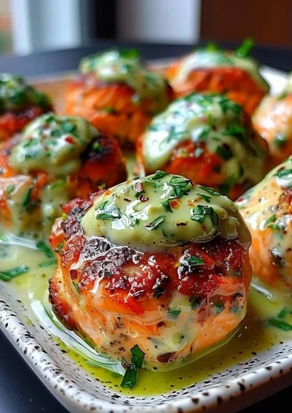 Baked salmon meatballs with creamy avocado sauce served on a plate