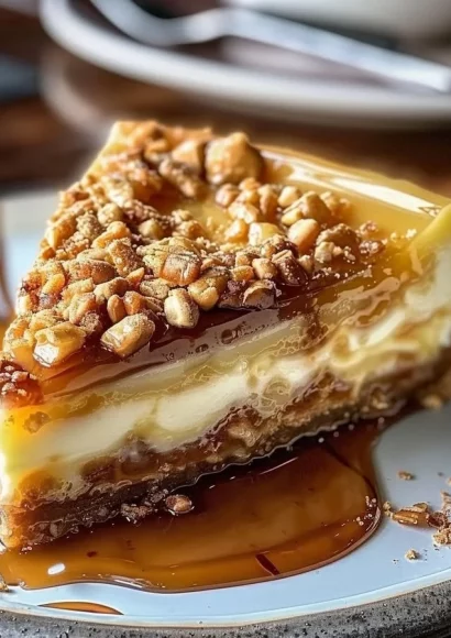 Delicious baklava cheesecake topped with nuts and honey glaze