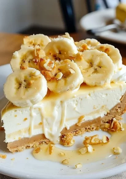 Delicious slice of Banana Cream Cheesecake topped with banana slices