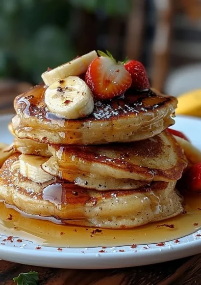 Delicious banana pancakes served with syrup and fresh bananas