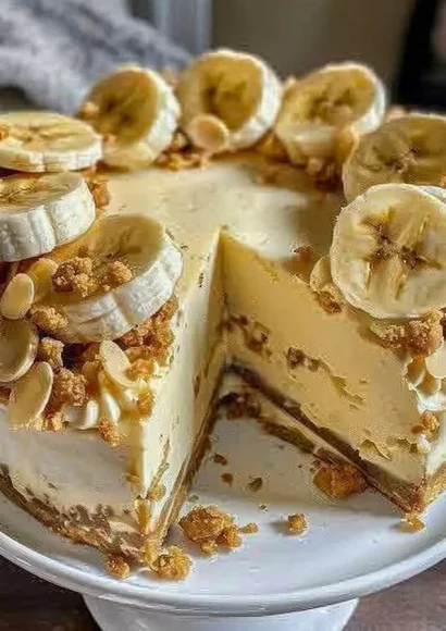 Banana Pudding Crunch Cheesecake topped with vanilla wafers and bananas