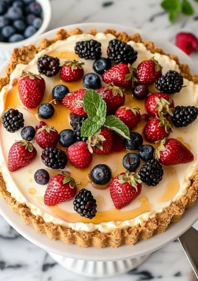 Delicious Berry Cottage Cheese Cheesecake topped with fresh berries