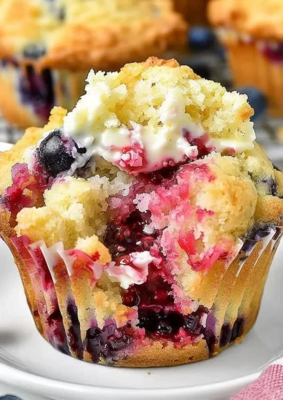 Freshly baked Berry Cream Cheese Muffins with colorful berries