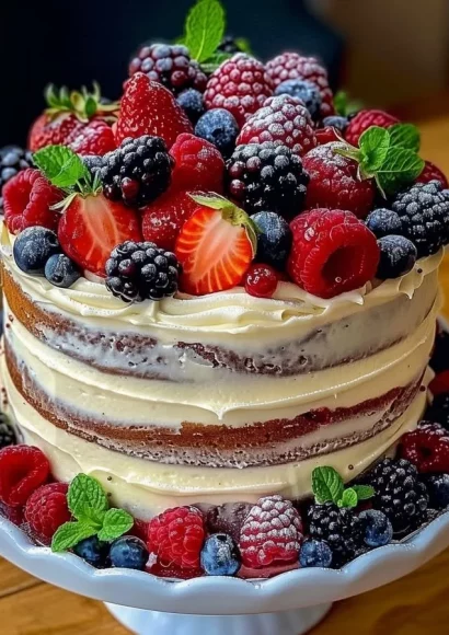 Berry-topped vanilla layer cake with fresh berries and whipped cream