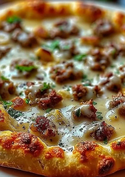 Biscuits and Sausage Gravy Breakfast Pizza served hot with a golden crust