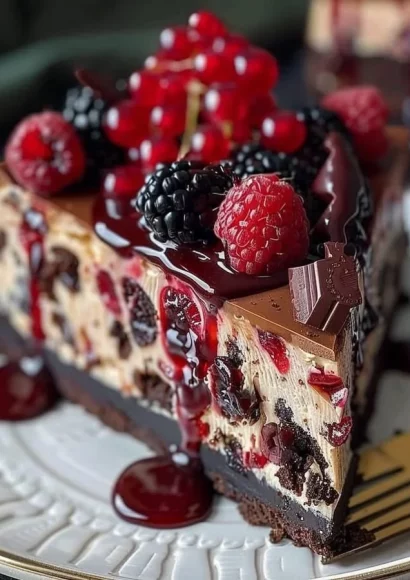 Delicious Black Forest Cheesecake with chocolate, cherries, and whipped cream