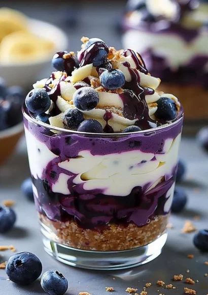 Delicious blueberry cheesecake parfait layered with fresh blueberries and cheesecake