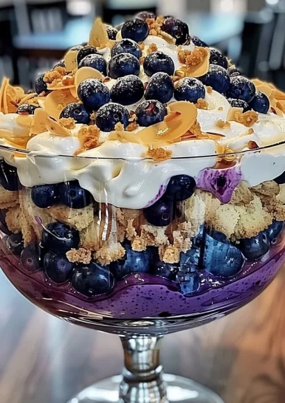 Delicious blueberry cheesecake trifle with layers of cheesecake and fresh blueberries
