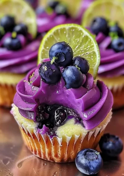 Blueberry lime cheesecake cupcakes with a creamy topping and fresh blueberries.