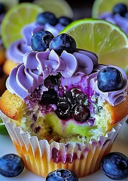 Delicious blueberry lime cheesecake cupcakes topped with fresh blueberries.