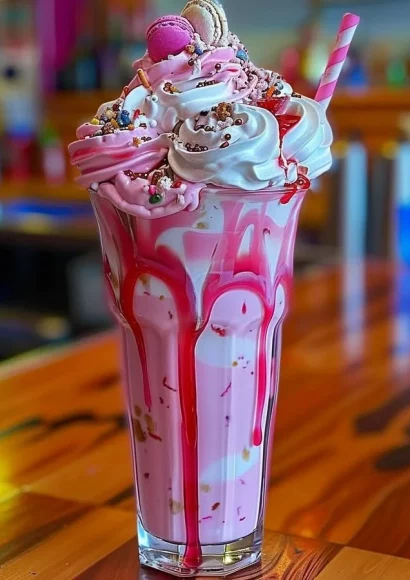 Colorful Bubblegum Bliss Mega Shake topped with whipped cream