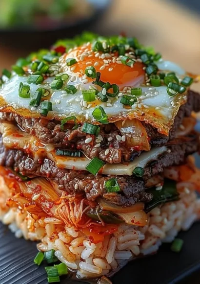 Bulgogi Beef Rice Stack garnished with kimchi, showcasing vibrant colors and textures