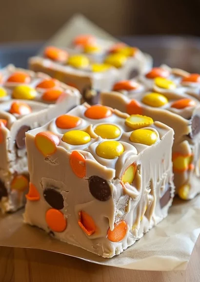 Delicious Butterfinger Reese's Fudge dessert with chocolate and peanut butter layers.