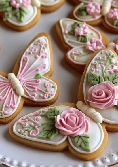 Beautiful butterfly sugar cookies decorated with fondant roses for special occasions.