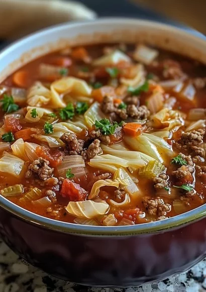 A bowl of hearty cabbage roll soup garnished with herbs