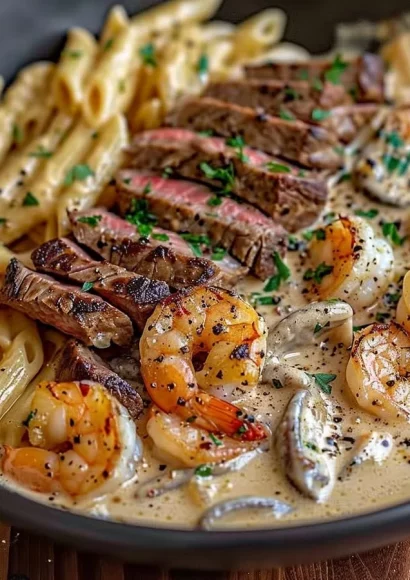 Creamy Cajun Shrimp and Steak Alfredo Pasta served in a bowl