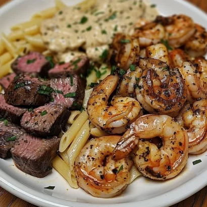 Cajun shrimp and steak Alfredo pasta dish garnished with herbs