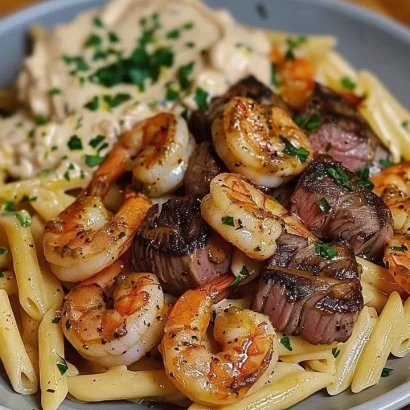 Thumbnail for Cajun Shrimp and Steak Alfredo Pasta