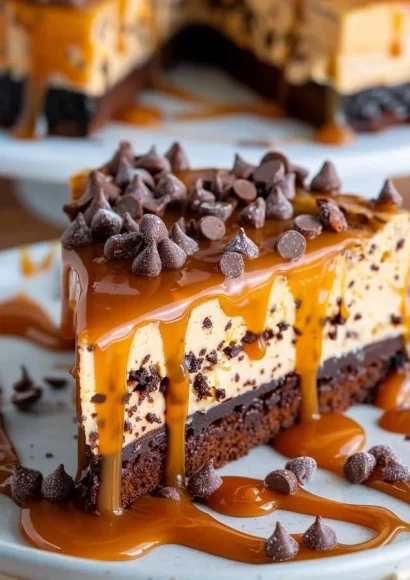 Delicious caramel brownie cheesecake dessert topped with caramel drizzle