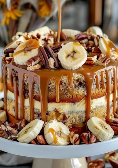 Delicious caramel cake topped with banana and walnuts, a perfect dessert treat.