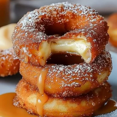 Delicious caramel cheesecake-stuffed churro rings garnished with chocolate