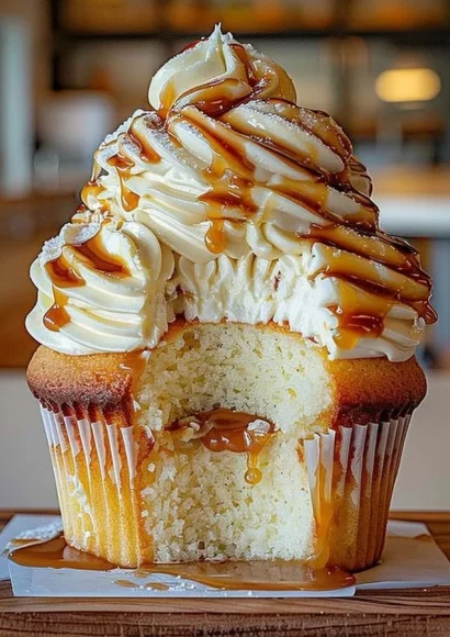 Delicious caramel cupcake with cream cheese frosting on a decorative plate