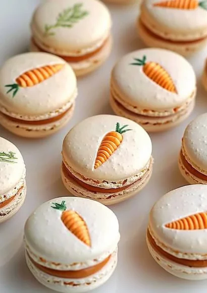 Beautifully arranged carrot macarons with vibrant colors and textures