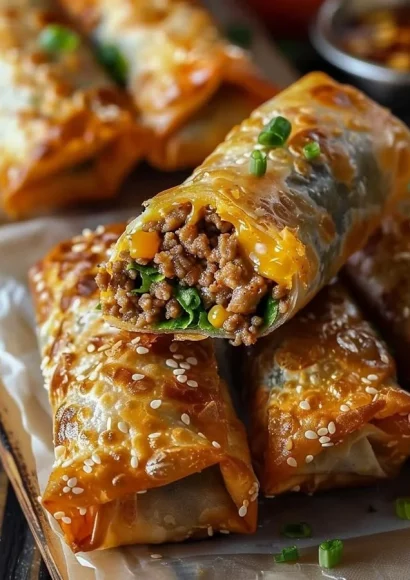 Delicious cheeseburger egg rolls with beef and cheese filling