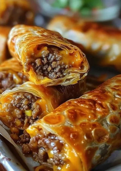 Crispy Cheeseburger Egg Rolls filled with seasoned beef and cheese