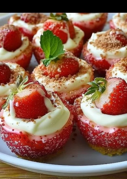 Cheesecake deviled strawberries topped with creamy cheesecake filling.