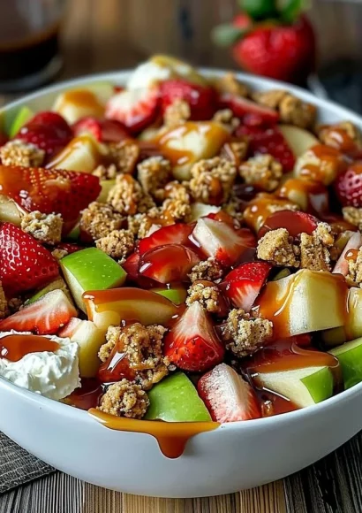 Delicious cheesecake fruit salad with fresh berries and creamy cheesecake topping.