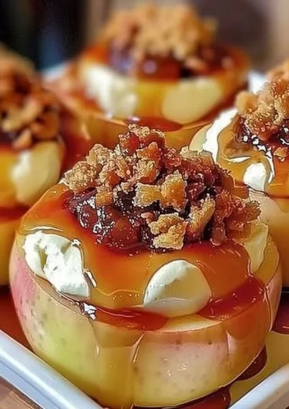 Delicious baked cheesecake stuffed apples topped with caramel sauce.