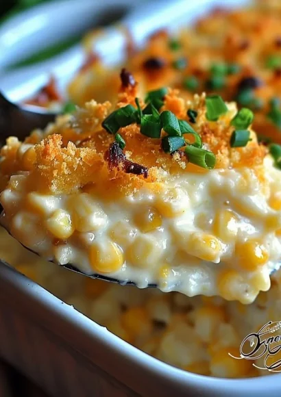 Delicious cheesy cream cheese corn casserole served in a baking dish.