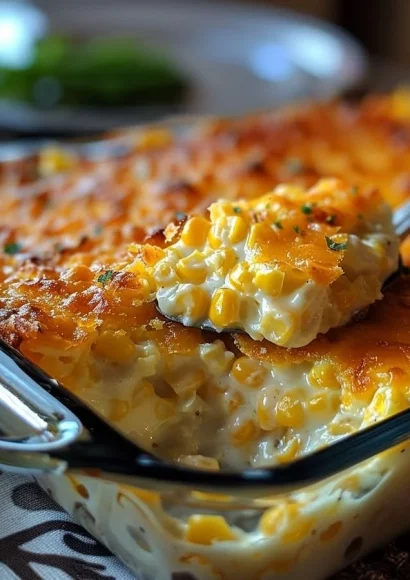 Cheesy cream cheese corn casserole baked to golden perfection in a dish