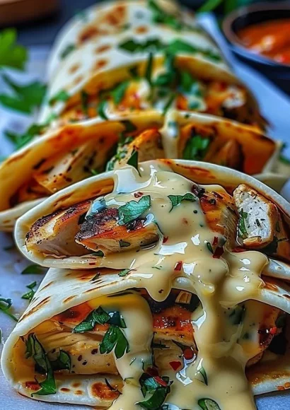 Cheesy garlic chicken wraps served with fresh ingredients on a plate.
