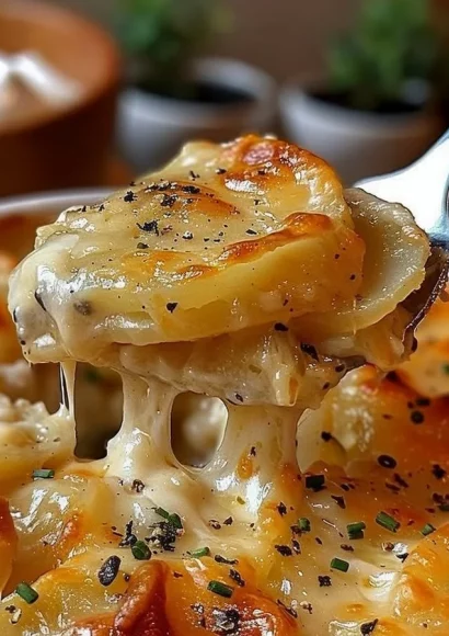 Delicious cheesy garlic scalloped potatoes baked to perfection.