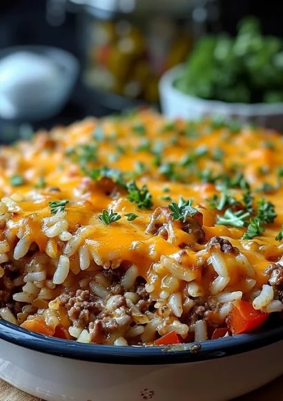 Cheesy Ground Beef and Rice Casserole baked in a dish