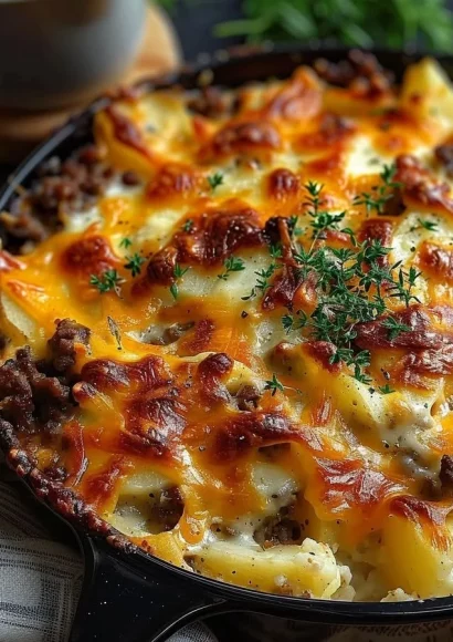 Cheesy hamburger potato casserole baked with ground beef and cheese.