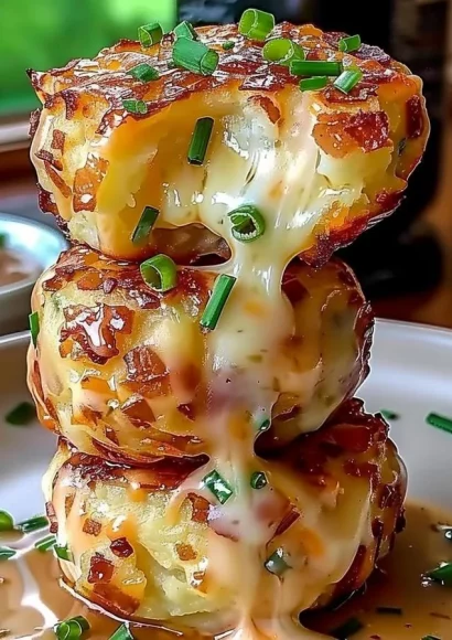 Cheesy mashed potato puffs served on a plate, golden and crispy