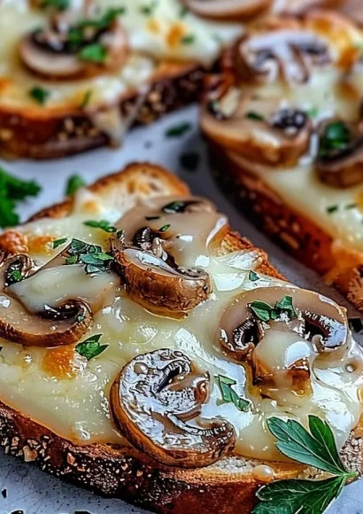 Cheesy mushroom and garlic toasts topped with fresh herbs on a wooden board