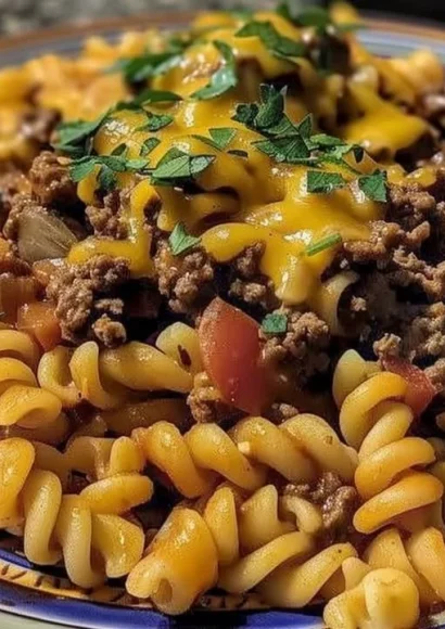 Delicious cheesy sloppy cheeseburger pasta in a bowl, garnished with herbs.